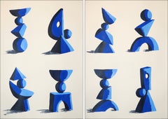 Jardín de escultura minimalista, Díptico en tonos azules, Tótems geométricos modulares, 2026