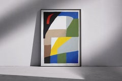 Montjuïc de noche, paisaje cubista, formas abstractas en tonos primarios, papel