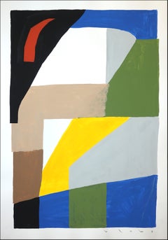 Montjuïc de noche, paisaje cubista, formas abstractas en tonos primarios, papel