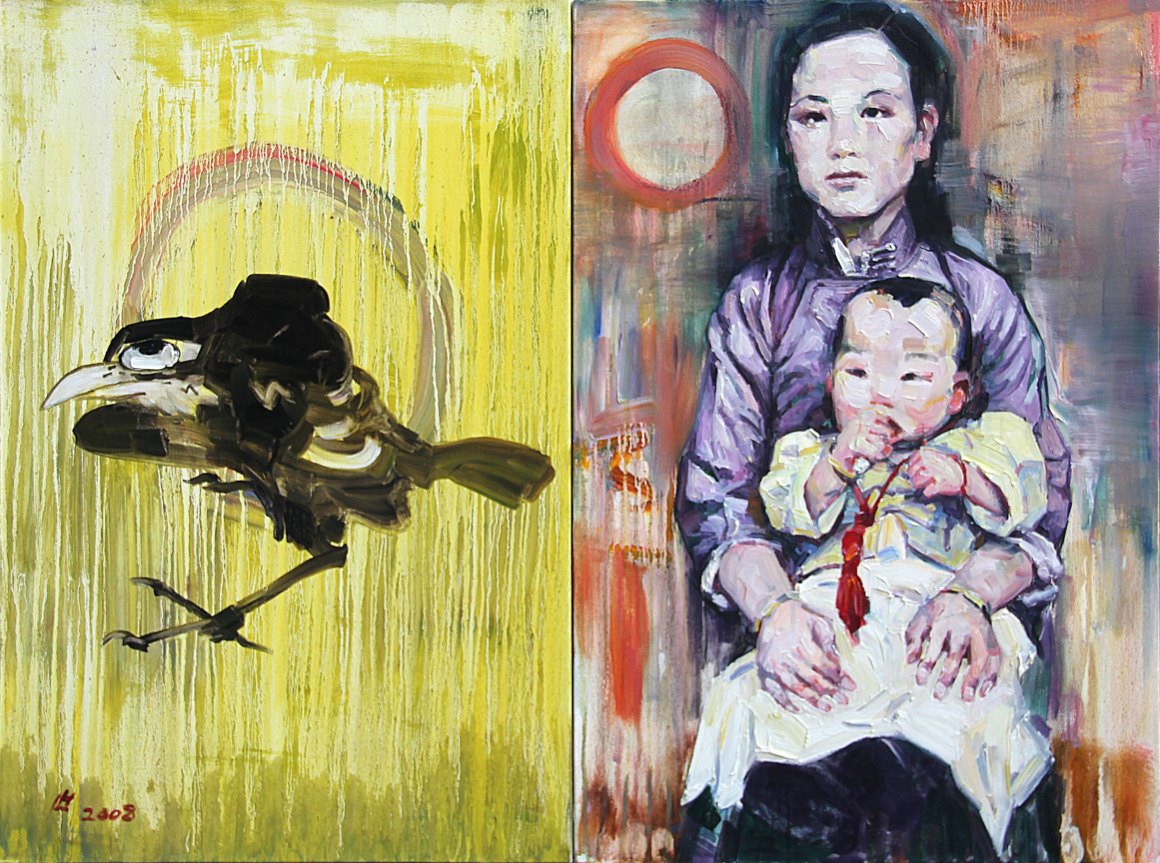 Hung Liu Figurative Painting - Crow Song
