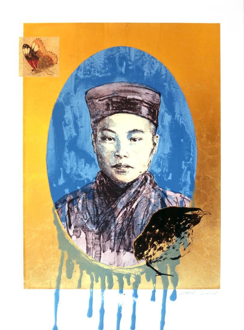 Hung Liu Figurative Print - Butterfly Dreams: Blue Nun