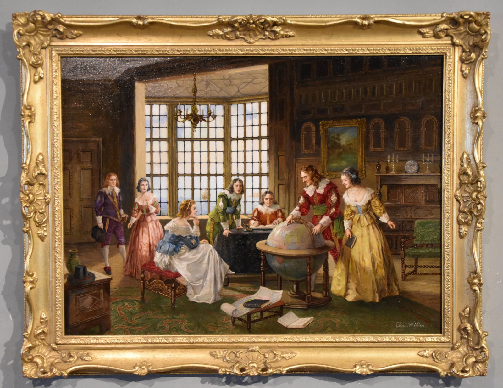 Oil Painting by Charles Willis "The Circumnavigators"  1878-1963 A portrait painter and commercial artist who also painted historical conversation pieces. Painted many portraits of royalty, often for magazines. Oil on canvas. Signed

Dimensions