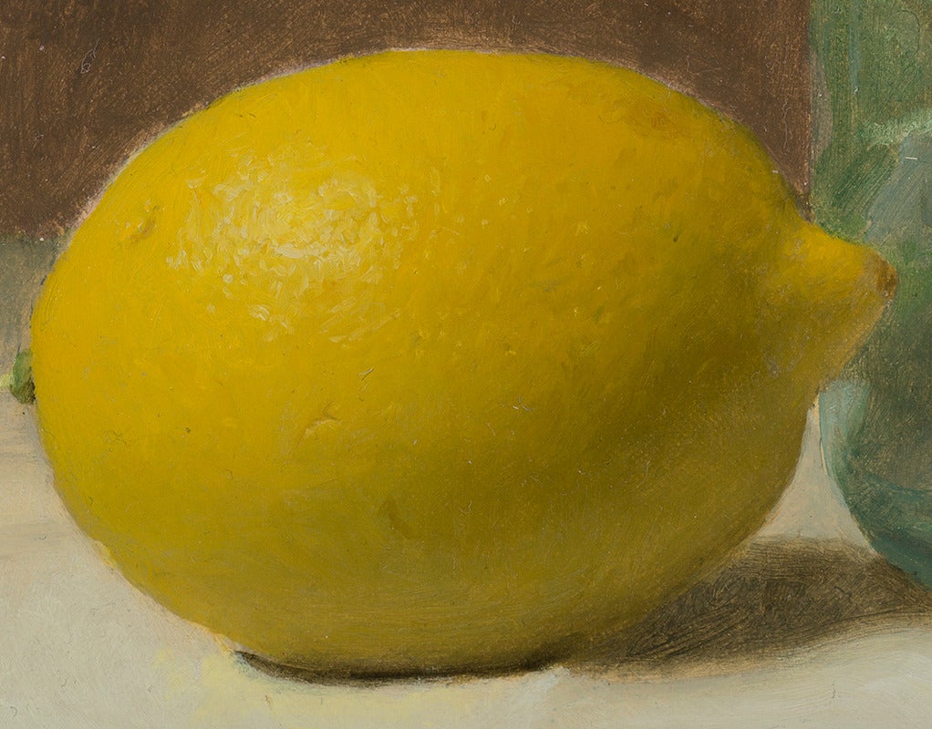 Green Glass with Lemon - Academic Painting by Justin Wood