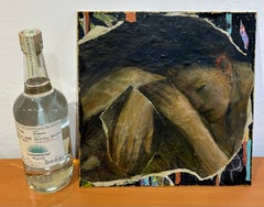 Muse endormie, acrylique, collage, tons sombres, figure féminine, tons bruns
