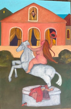 Lady Godiva Rides Again historic figure on a marble horse tropical colors