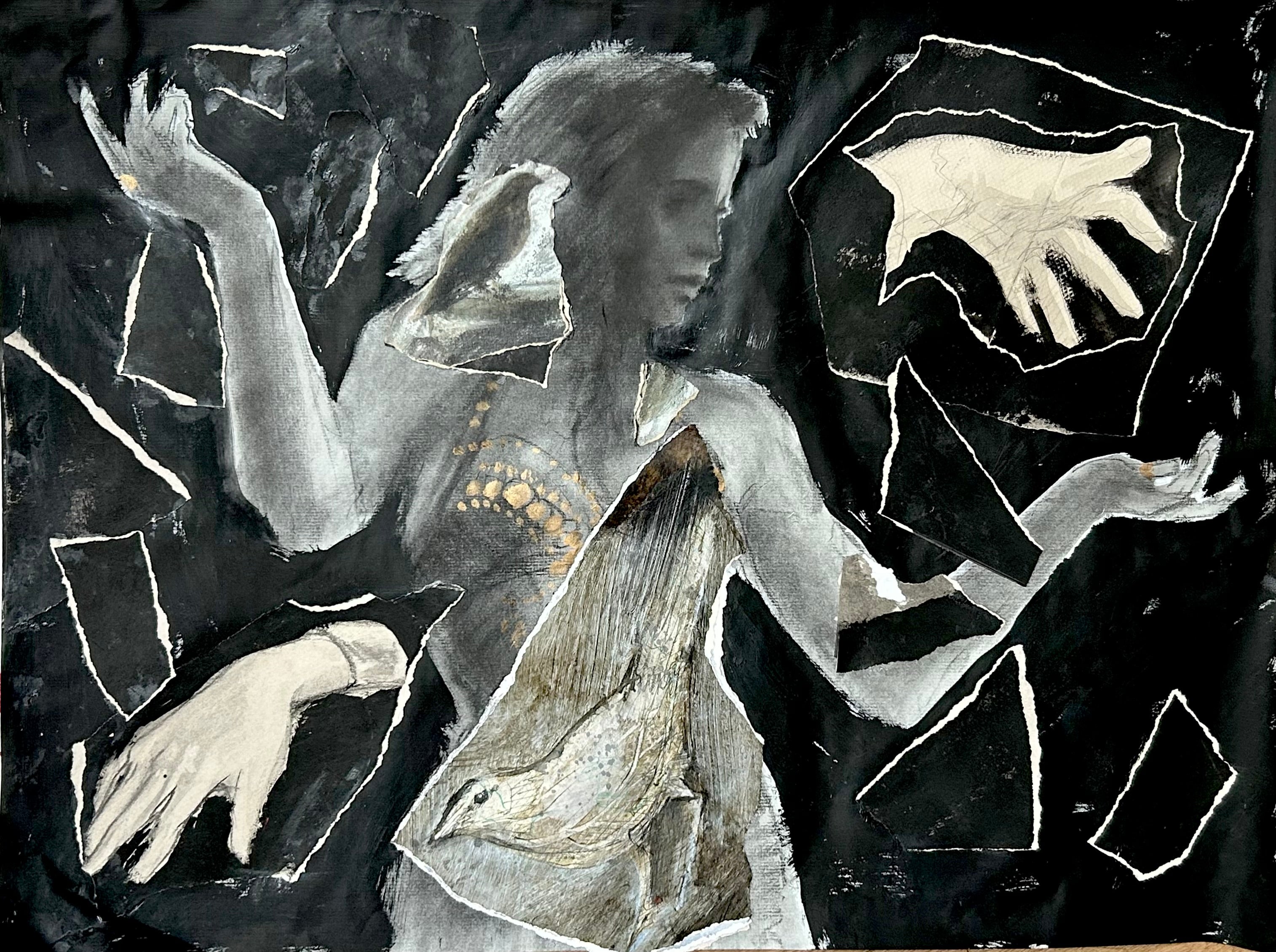 Gestures black tones, monochrome female dancer birds charcoal collage - Mixed Media Art by Audrey Anastasi