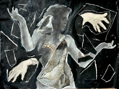 Gestures black tones, monochrome female dancer birds charcoal collage
