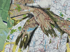 Traveler Bride, collage, mixed media, maps, woman, charcoal