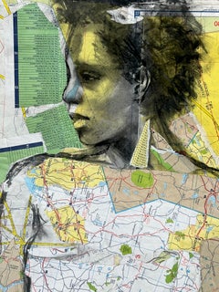 Die reisende Braut, Collage, Mischtechnik, Landkarten, Frau, Kohle