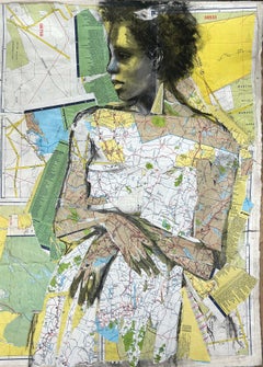 Die reisende Braut, Collage, Mischtechnik, Landkarten, Frau, Kohle