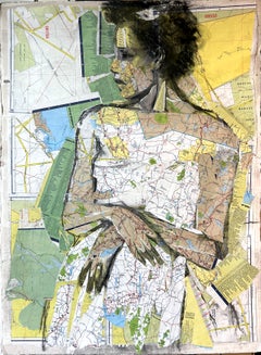 Traveler Bride, collage, mixed media, maps, woman, charcoal