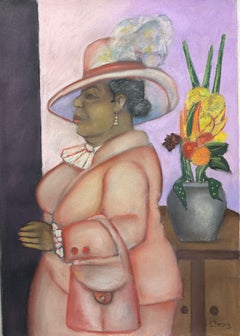 Church Lady, profile soft pinks reds violet light background hat flowers fashion