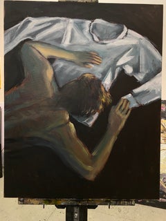 Bereft, dark oil painting, loss grief, figure w empty shirt