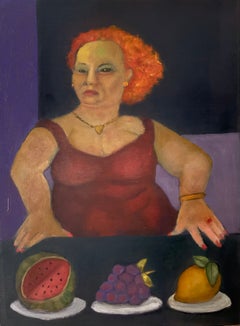 Casino. Woman with melon grapes and lemon dark violet and red color
