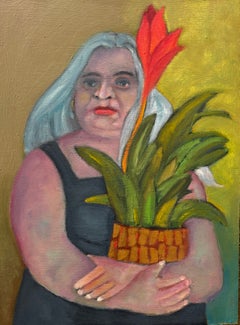 Bountiful. Mature female figure with plant strong vibrant green and red color