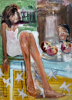 Snow White, woman w long legs, white dress, abstract elements