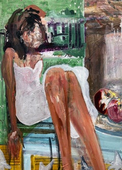 Snow White, woman w long legs, white dress, abstract elements