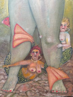 Barnacle Mermaids. Two small Mermaids clinging to legs. Soft green color