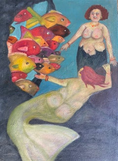 La cala de las sirenas. Dos sirenas nadando con un banco de peces. Tropical y colorido
