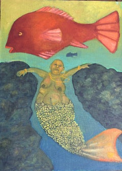 Sirena degli abissi. Sirena con un grosso pesce rosso, tonalità di verde intenso e ocra