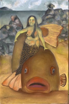 Sirena arenata con cernia gigante. Figurina a tema ittico dai colori tenui e delicati.
