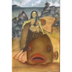 Sirena arenata con cernia gigante. Figurina a tema ittico dai colori tenui e delicati.