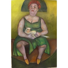 Âmes sœurs. Femme assise tenant un chat blanc, dans des tons verts et jaunes.