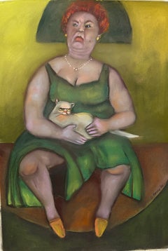 Âmes sœurs. Femme assise tenant un chat blanc, dans des tons verts et jaunes.