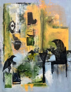 Trial, colorful abstract w pictographic birds, gold and green and grey
