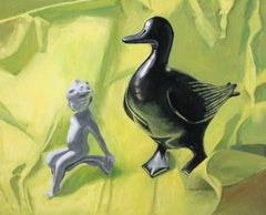„Cherub und Ente“, skurriles, superrealistisches Stillleben in Grüntönen