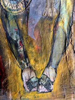 Continuum pregnancy collage female figure, ochre earth tones time clocks, hands