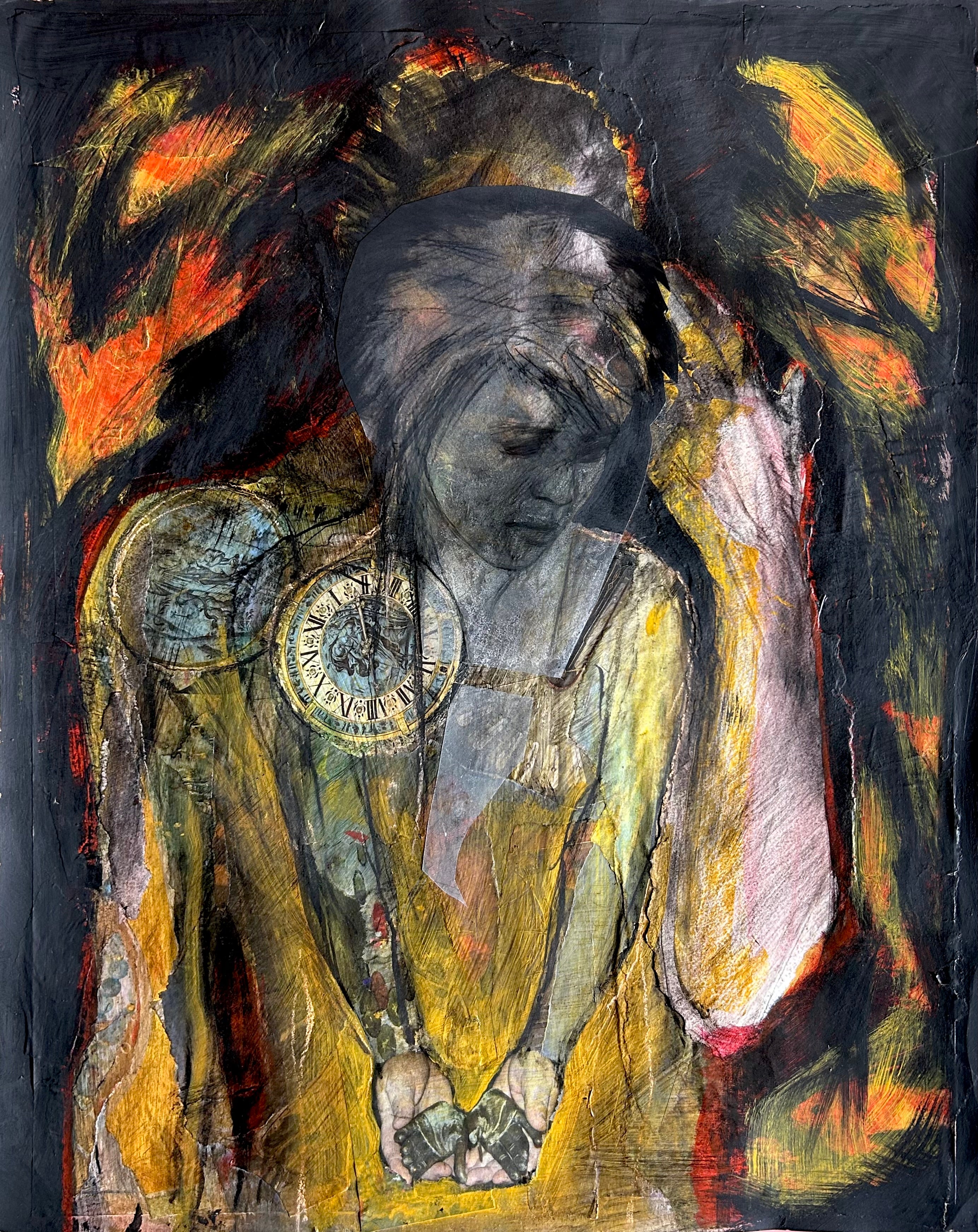 Collage de embarazo «Continuum»: figura femenina, relojes con tonos ocres y tierra, manecillas