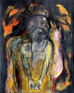 Continuum-Schwangerschaftscollage mit weiblicher Figur, ockerfarbene Erdtöne, Uhren, Zeiger