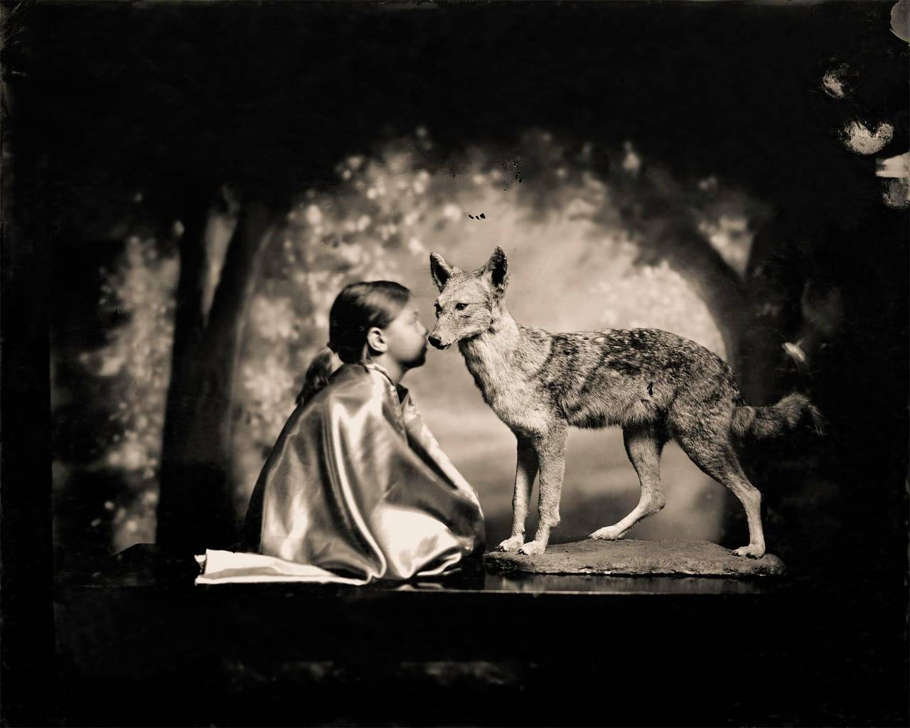 Keith Carter b.1948 Black and White Photograph - Conversation with a Coyote, limited edition, archival pigment ink print, signed 