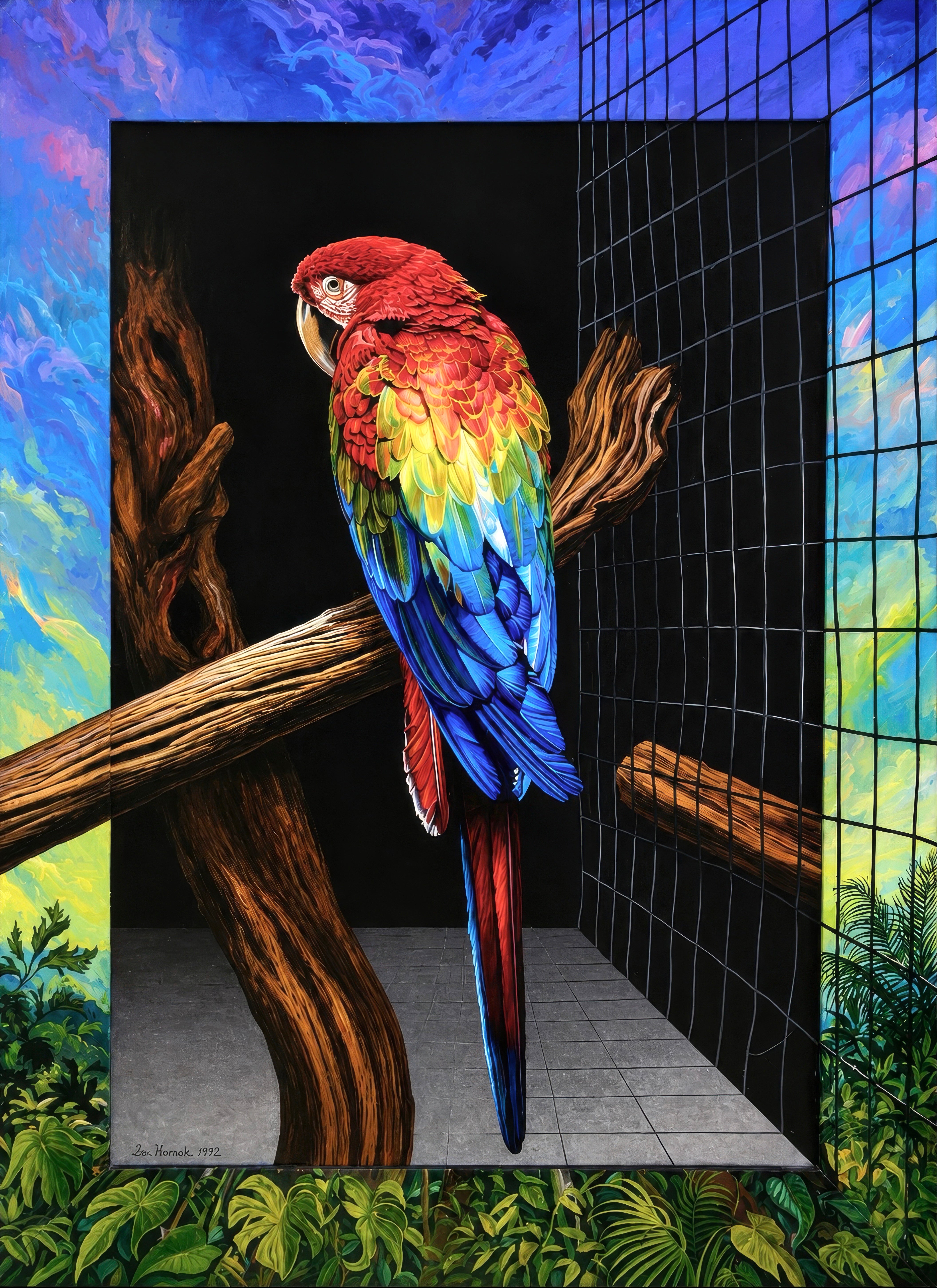 Artista: Ian Hornak (1944-2002)
Título Guacamayo escarlata y azul
Año: 1985-1986
Técnica: Acrílico sobre panel, con marco pintado por el artista
Tamaño: 58,5 x 42,5 pulgadas (148,59 x 107,95 cm)
Estado de conservación: Bien conservado, acorde con la