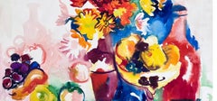Ian Hornak, Stillleben mit Obst, Blumen und einer roten Flasche, um 1963