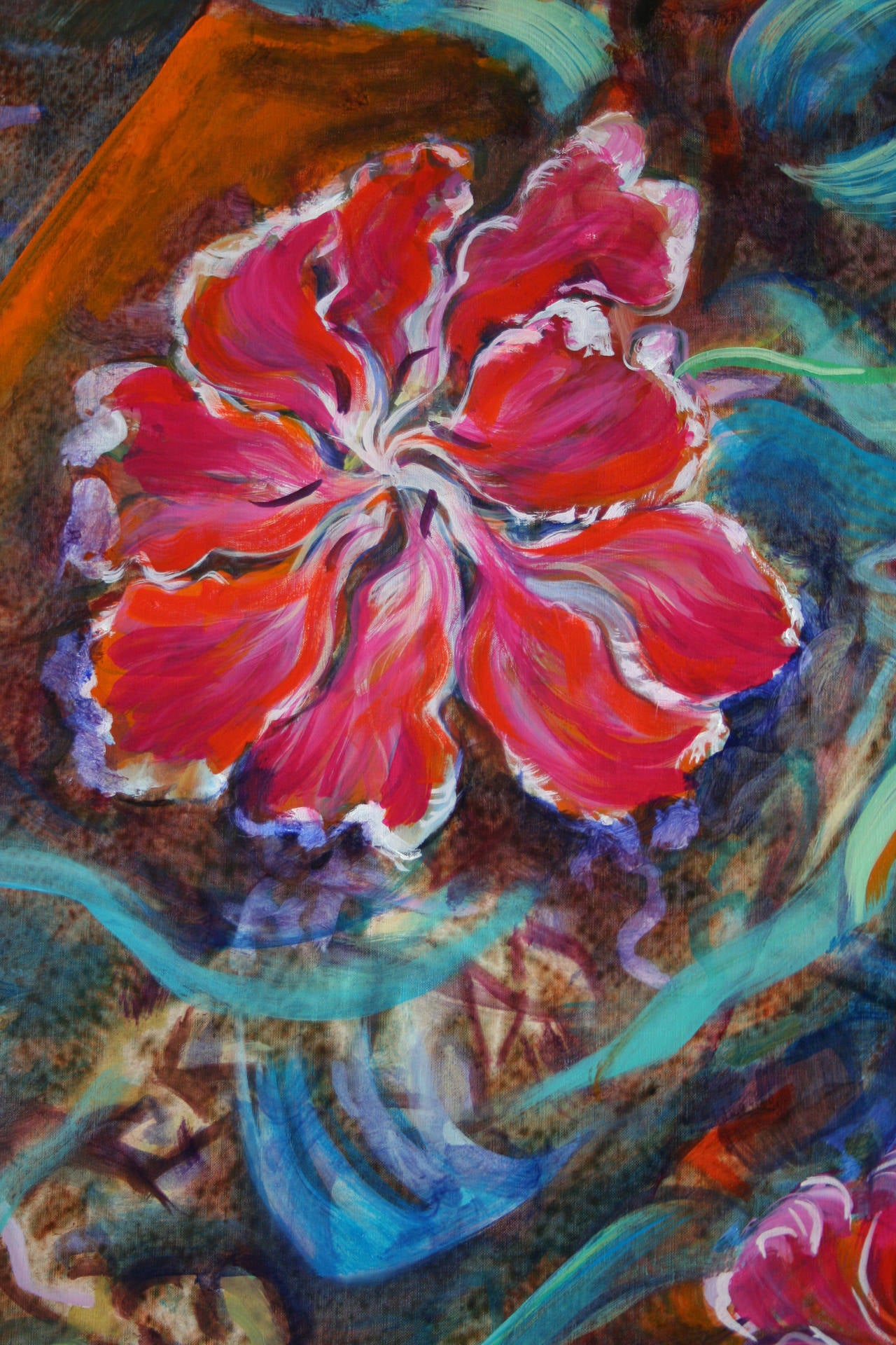 Carroussel is a painting made by Evelyne Ballestra, a French contemporary artist. This piece is a part of a flower series, defined by their distinct bright colors, satiny, silky, vibrating materials and form. The flower series is reminiscent of the
