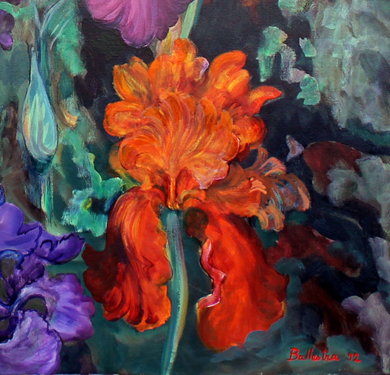 Iris conversation is a painting made by Evelyne Ballestra, a French contemporary artist. This piece is a part of a flower series, defined by their distinct bright colors, satiny, silky, vibrating materials and form. The flower series is reminiscent