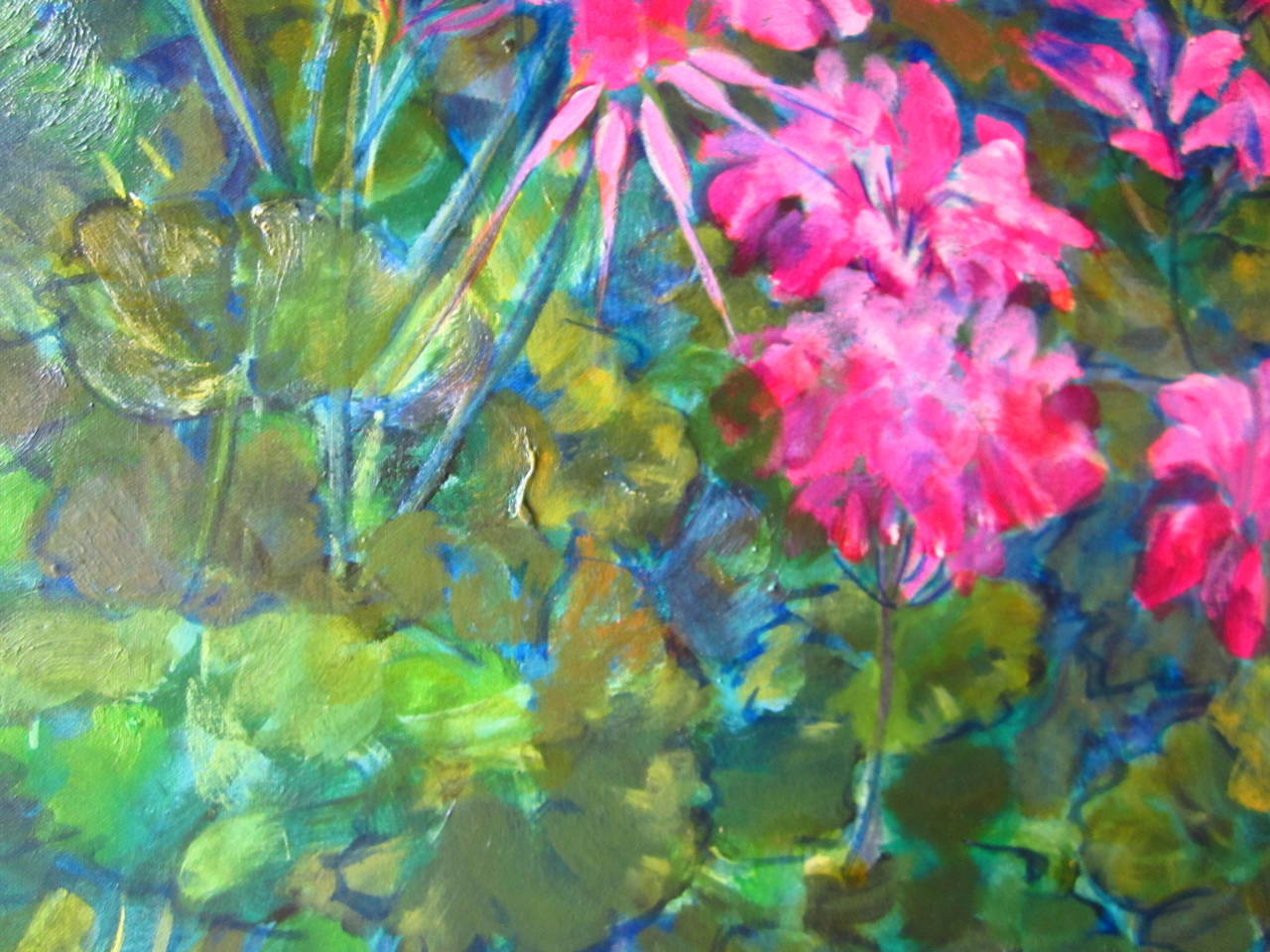 Geraniums - Pink Figurative Painting by Evelyne Ballestra