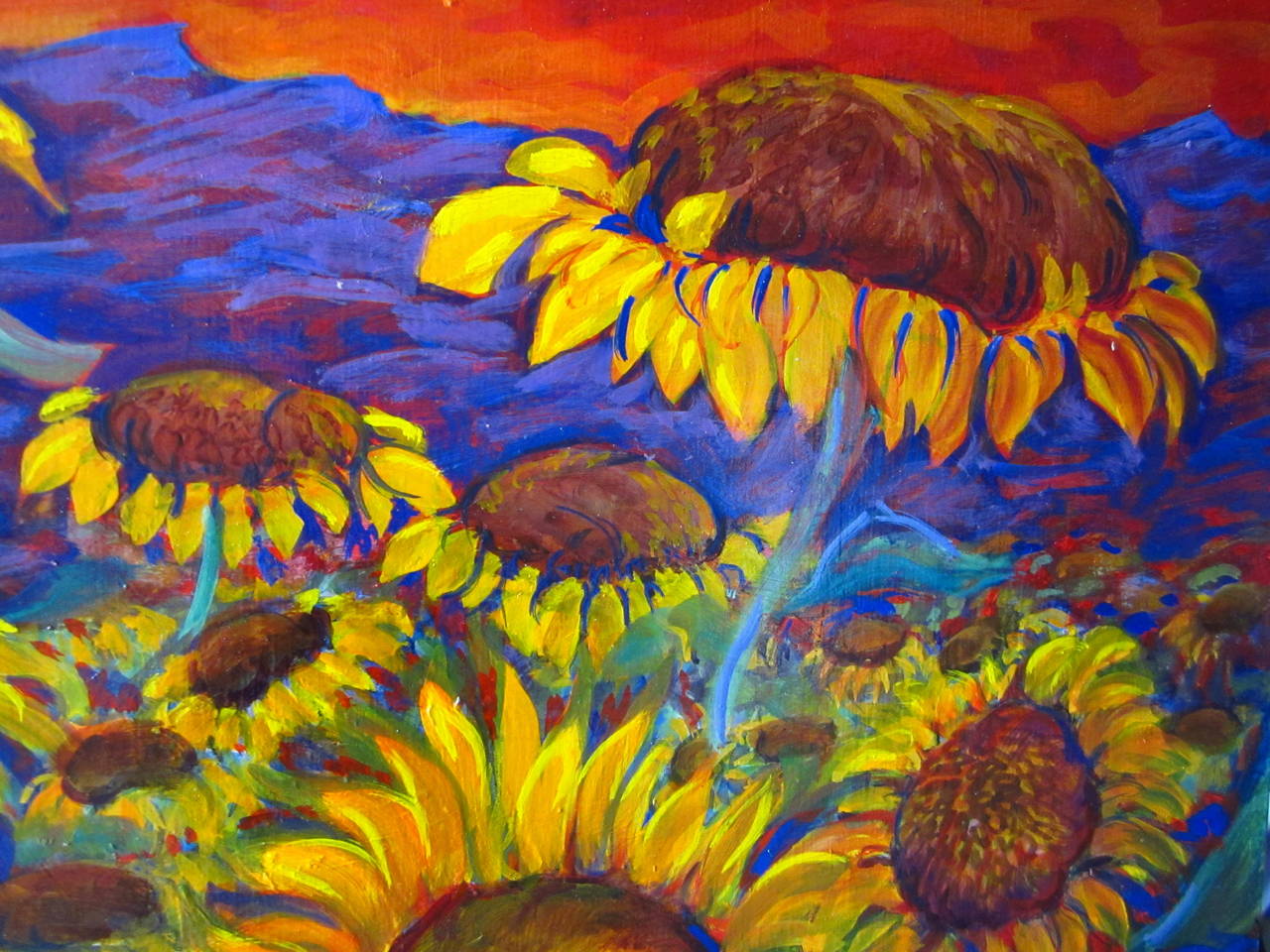 Sunflower fields is a painting made by Evelyne Ballestra, a French contemporary artist. This piece is a part of a flower series, defined by their distinct bright colors, satiny, silky, vibrating materials and form. The flower series is reminiscent