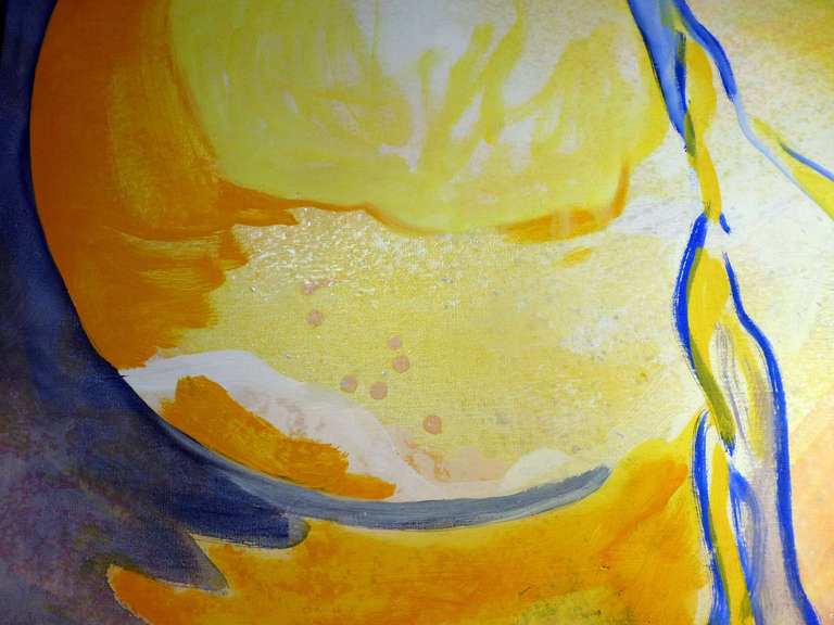 Thales est une peinture réalisée par Evelyne Ballestra, une artiste contemporaine française. Cette peinture expressionniste aux tons bleu foncé et jaune est nommée en référence à Thalès, un mathématicien grec qui utilisait la géométrie pour calculer