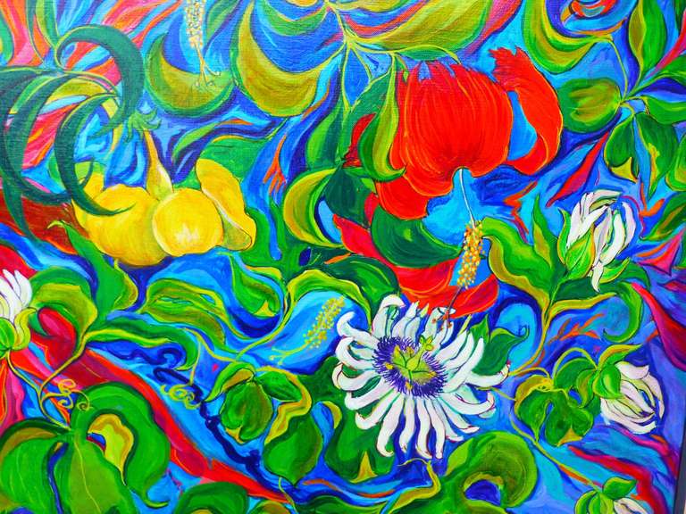 Diane's Garden is a painting made by Evelyne Ballestra, a French contemporary artist. This piece is a part of a flower series, defined by their distinct bright colors, satiny, silky, vibrating materials and form. The flower series is reminiscent of