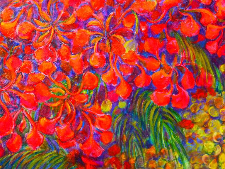 Flamboyant is a painting made by Evelyne Ballestra, a French contemporary artist. This piece is a part of a flower series, defined by their distinct bright colors, satiny, silky, vibrating materials and form. The flower series is reminiscent of the