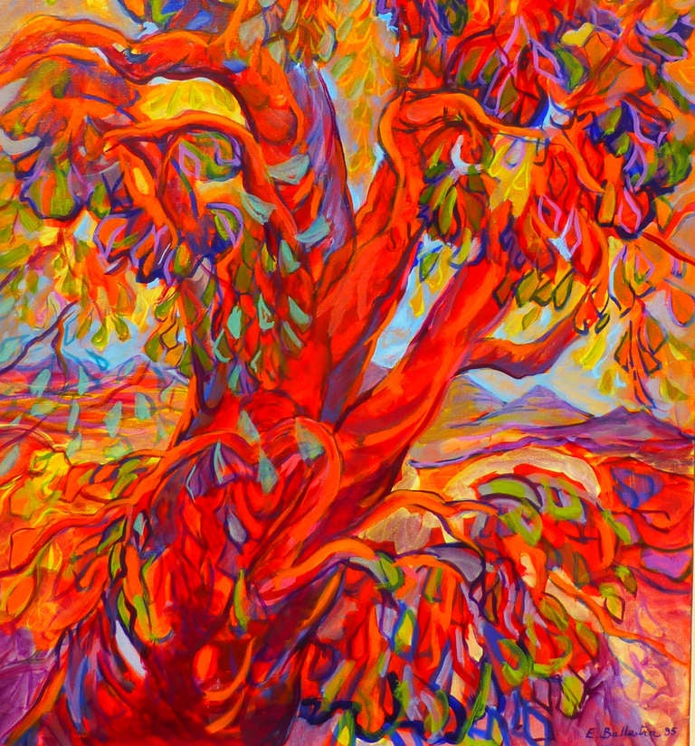 Living Tree is a colorful painting made by Evelyne Ballestra, a French contemporary artist. This red tons expressionist painting is inspired from an enchanted wood, showing the nature's energies flowing in the trees with bright colors.

Ballestra