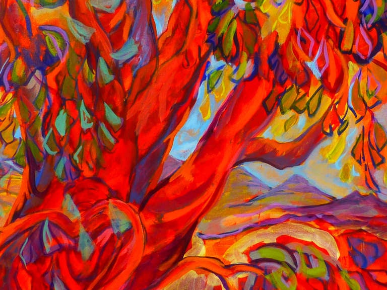 Living Tree est une peinture colorée réalisée par Evelyne Ballestra, une artiste contemporaine française. Cette peinture expressionniste aux tons rouges est inspirée d'un bois enchanté, montrant les énergies de la nature circulant dans les arbres