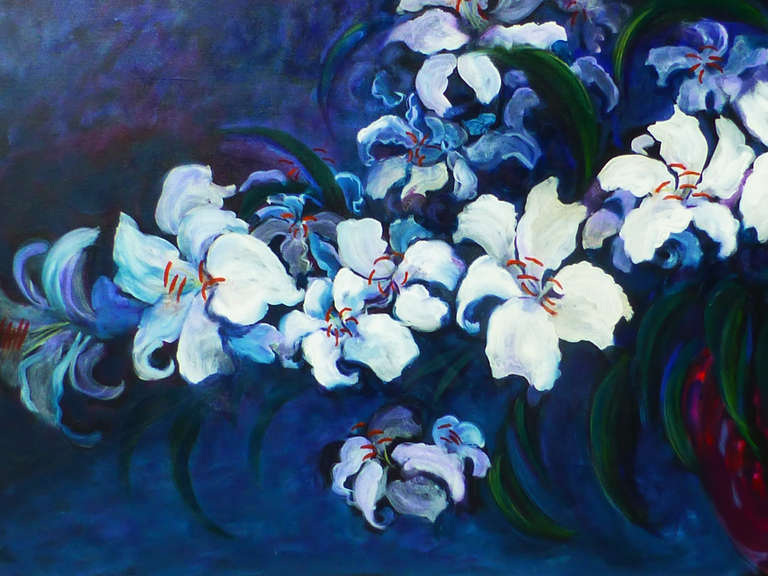Lilies - Purple Figurative Painting by Evelyne Ballestra