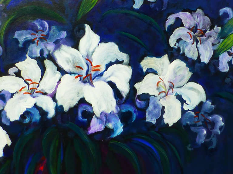 Lilies is a painting made by Evelyne Ballestra, a French contemporary artist. This piece is a part of a flower series, defined by their distinct bright colors, satiny, silky, vibrating materials and form. The flower series is reminiscent of the