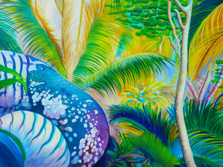 May Valley est une peinture colorée réalisée par Evelyne Ballestra, une artiste contemporaine française, alors qu'elle se trouvait aux Seychelles pour une résidence artistique. L'artiste utilise des tons verts vifs dans cette peinture