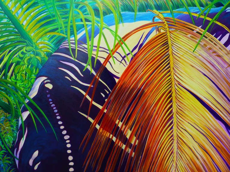 Praslin is a colorful painting made by Evelyne Ballestra, a French contemporary artist, while she was in Seychelles for art residency. The artist uses bright colors in this expressionist painting to show how she feels the energy in this island,