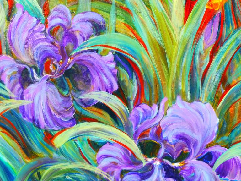 Iris Garden - Gray Figurative Painting by Evelyne Ballestra